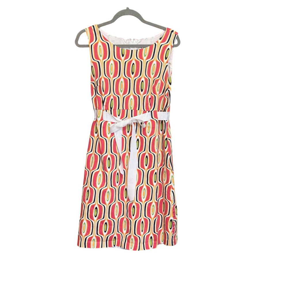 Sangria Dress Retro Geometric Print‎ 16 Pink Orange Excellent Sleeveless Belted
